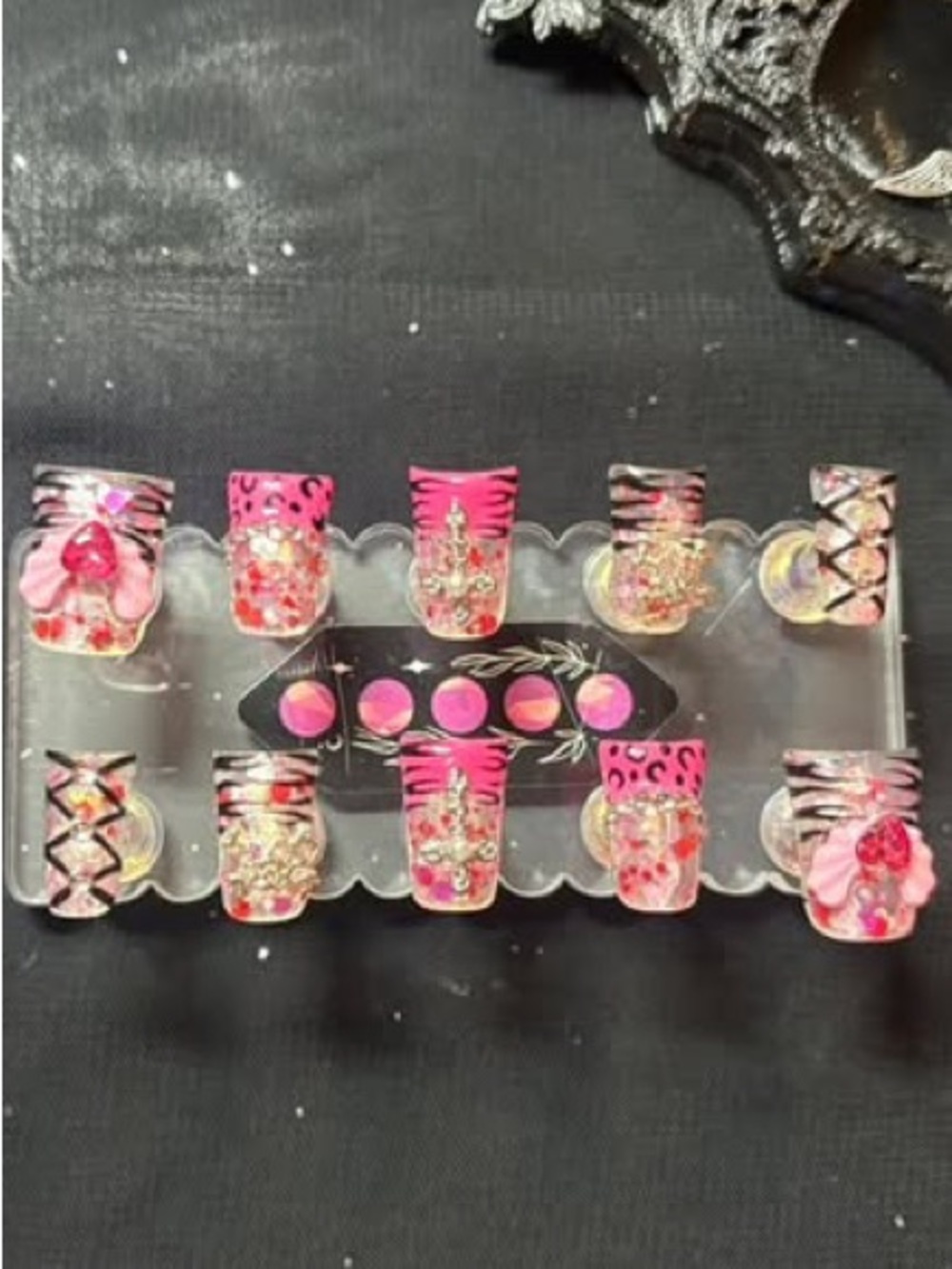 Handcrafted Pink Zebra & Leopard Nail Set with Rhinestone Cross Accents Medium